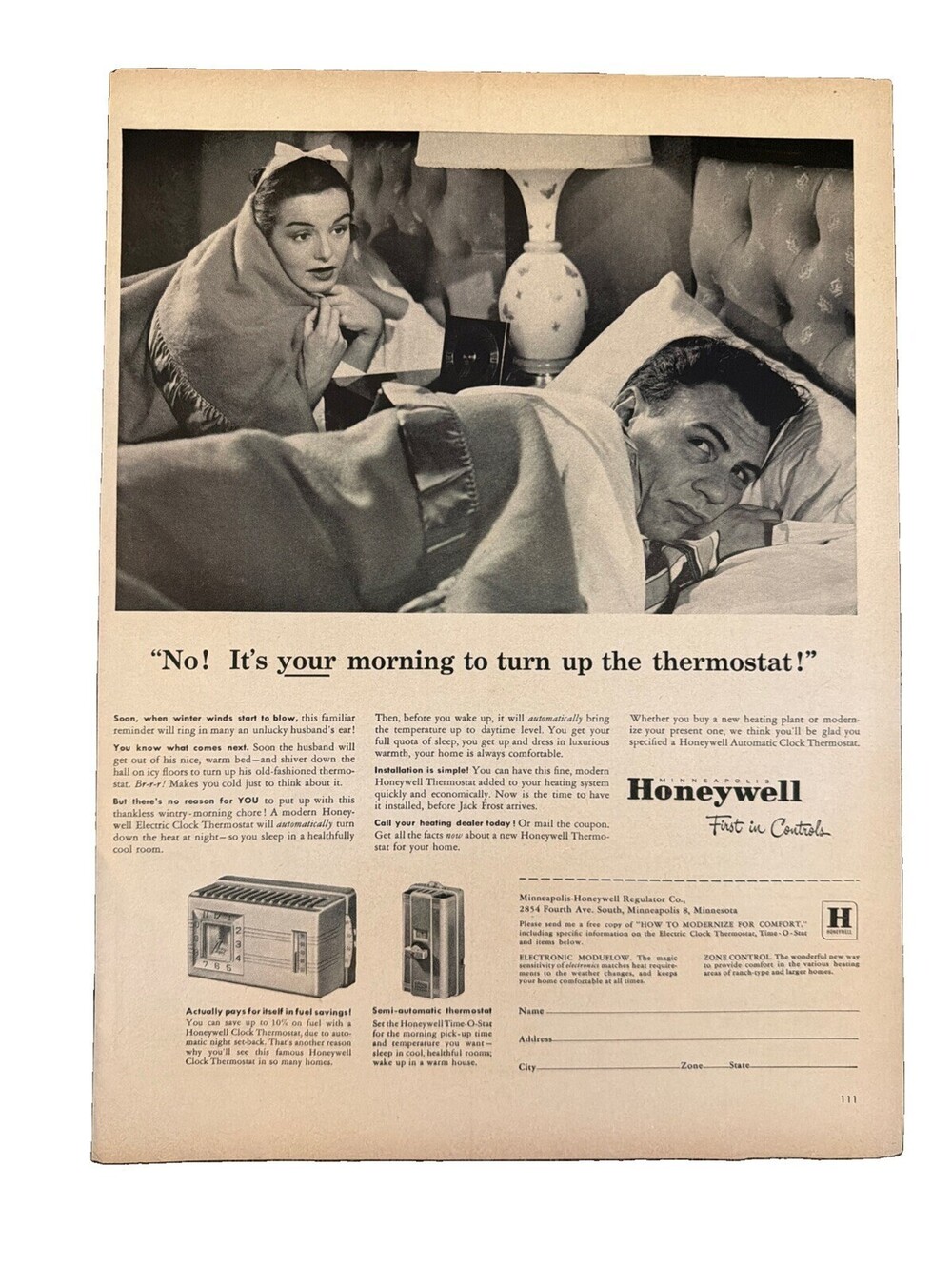 1952 Honeywell Thermostat Print Ad Heat Air Condition Couple in Bed Cold Funny